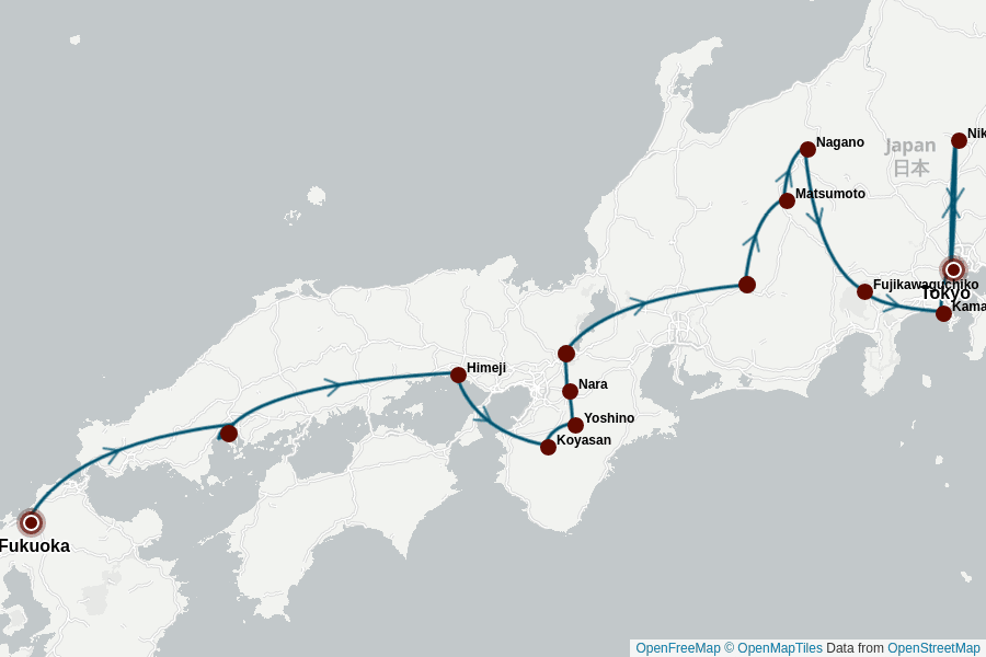 Itinerary Map image for Japan Rundreise 3 Wochen: Goldene Route Plus