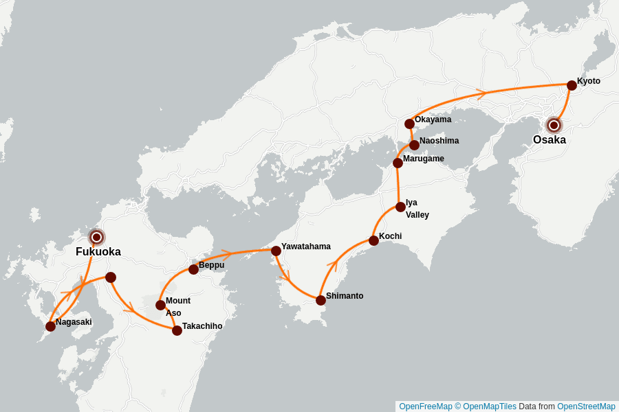 Itinerary Map image for Japans Inseln: Honshu, Shikoku & Kyushu