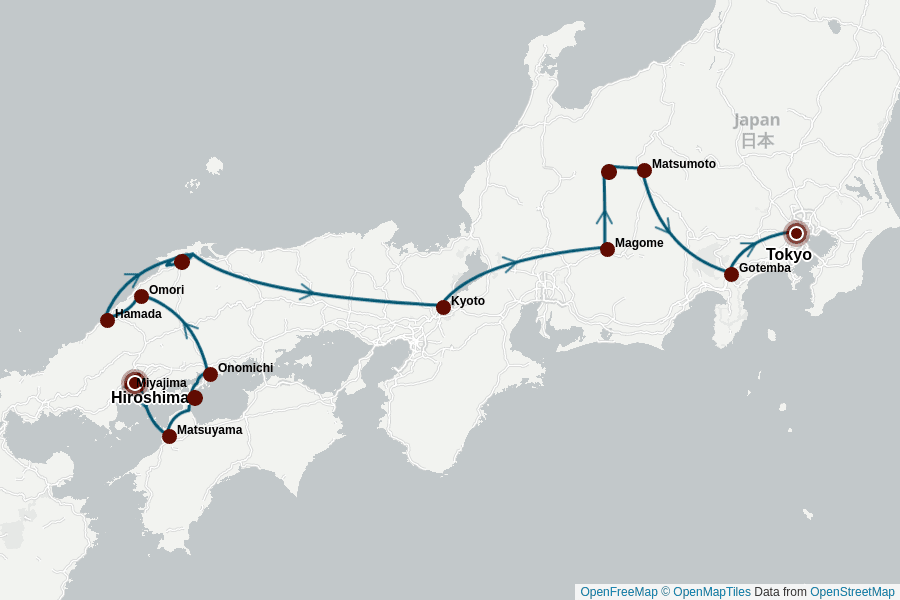 Itinerary Map image for Japan Aktiv: Radfahren, Wandern & Kultur