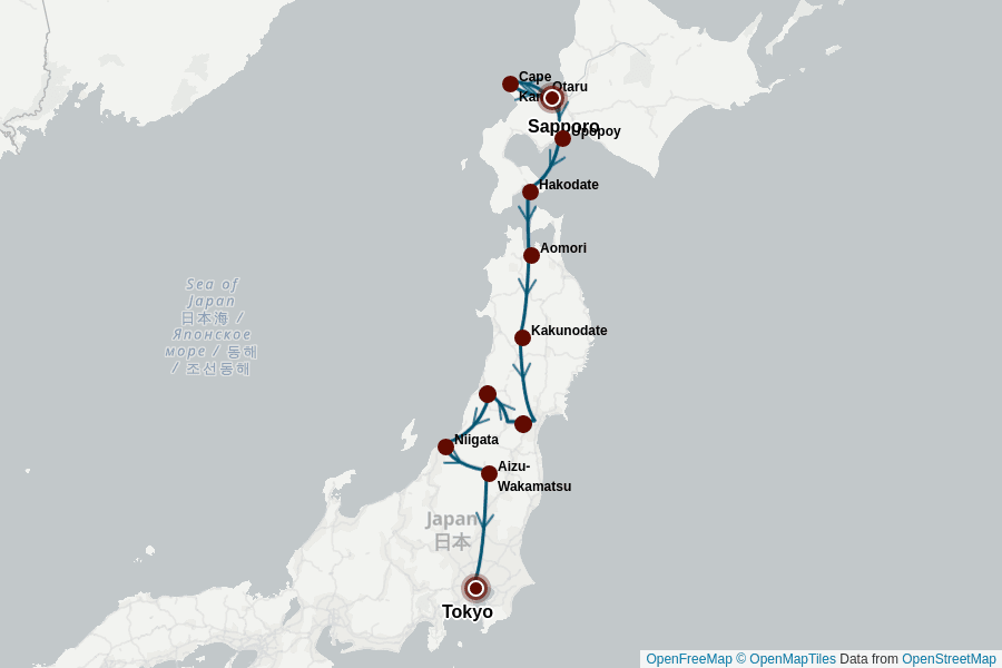Itinerary Map image for Nordjapan Rundreise: Hokkaido & Tohoku